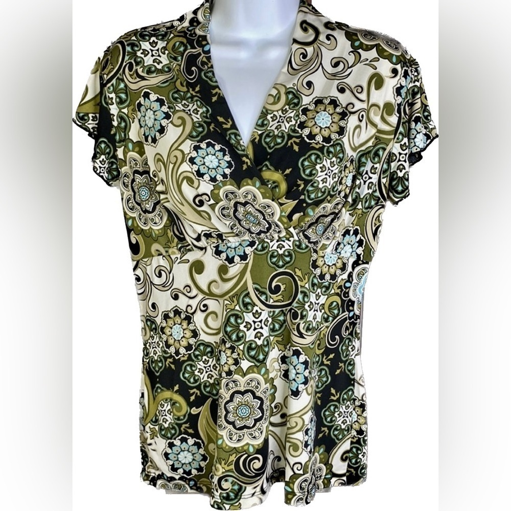 JK LA M Paisley Top Super Stretchy Flutter Cap Sleeve Blouse Crossover Neck EUC